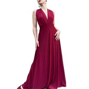 Lulu’s Red Stretch Jersey Plunge Halter Dramatic Glam Formal Maxi Dress Gown M